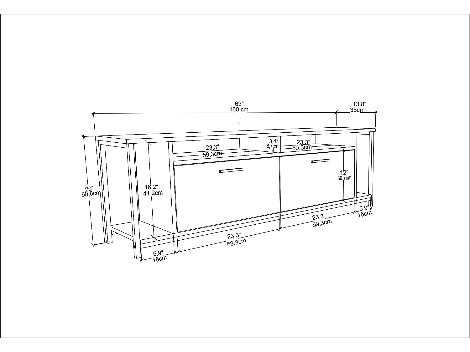 Omar Meuble TV 160 cm pour les TVs 72" Cadre Métallique Armoires et Étagères (Noyer et Blanc)