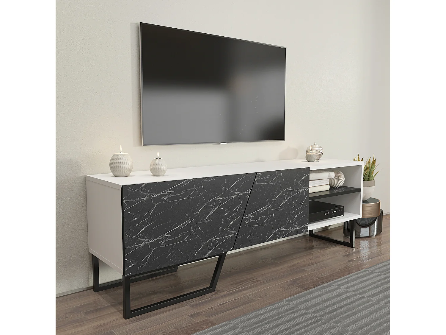 Meuble TV Denasse 150 cm, pied en métal, placards et étagères (Effet marbre noir et Blanc)