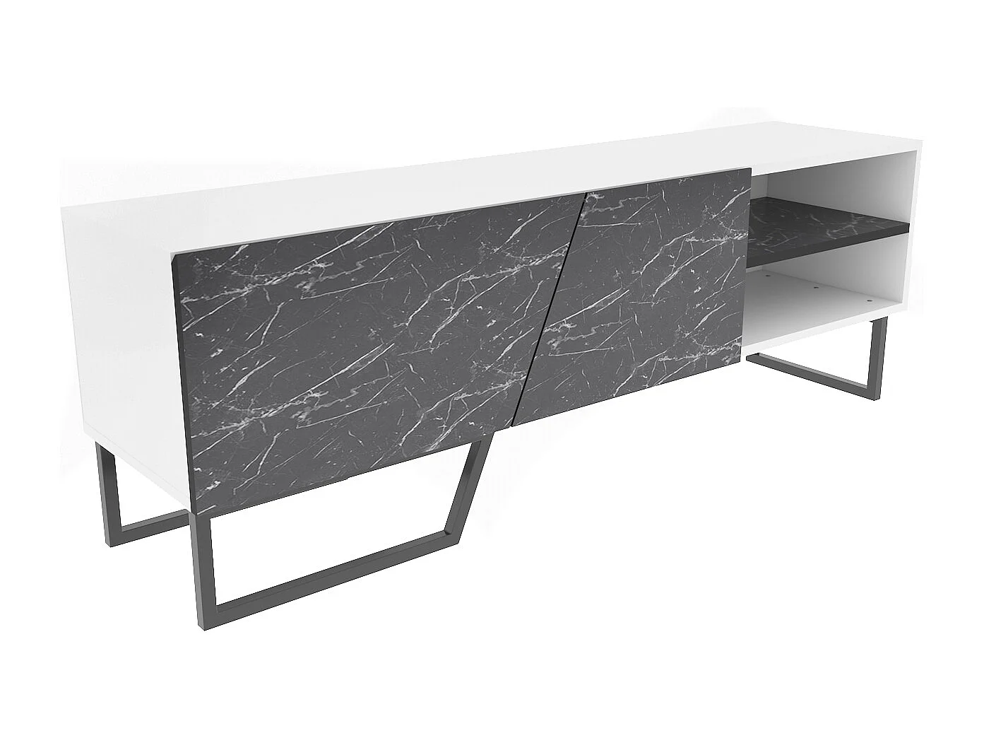 Meuble TV Denasse 150 cm, pied en métal, placards et étagères (Effet marbre noir et Blanc)