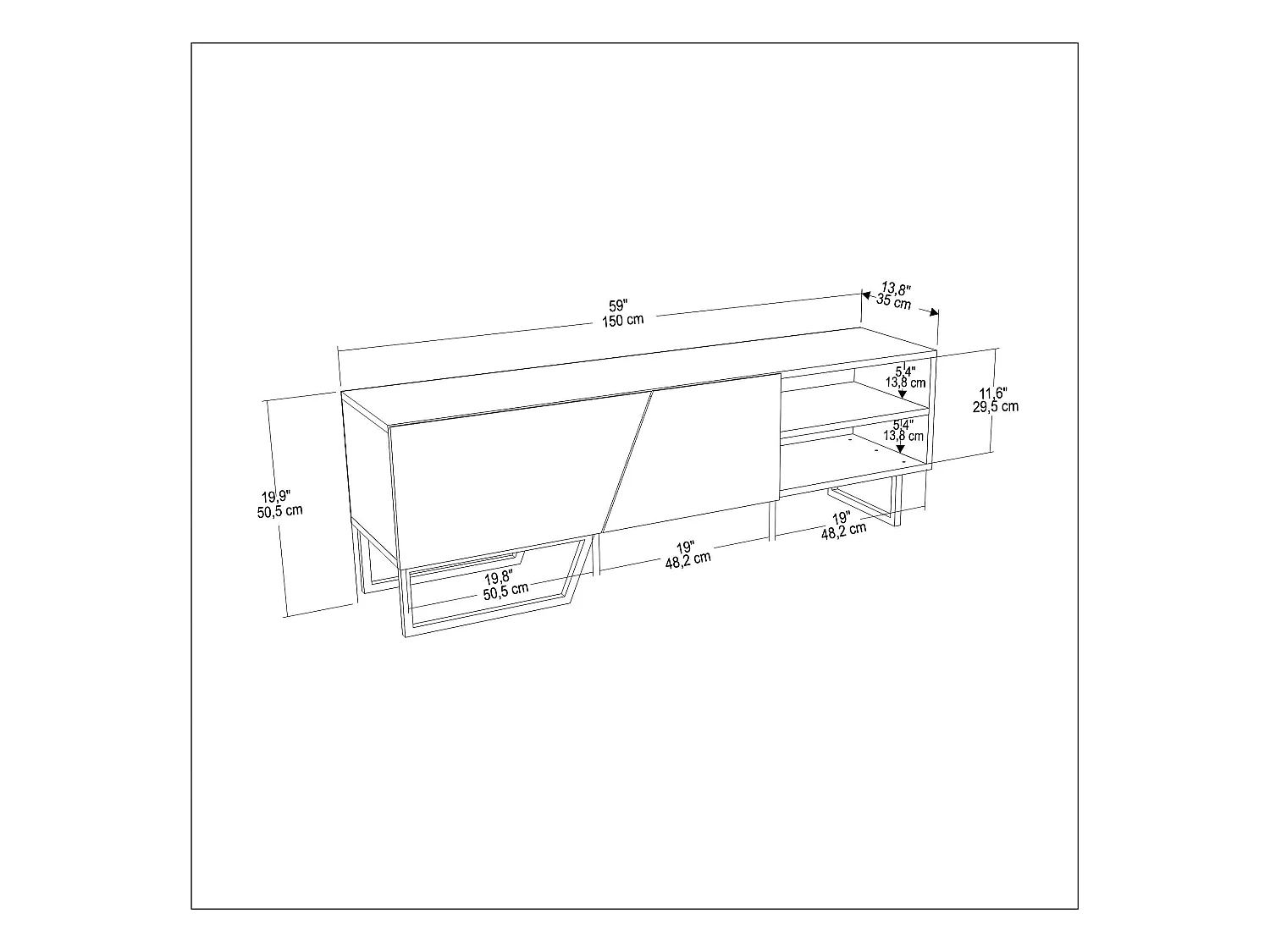 Meuble TV Denasse 150 cm, pied en métal, placards et étagères (Effet marbre noir et Blanc)