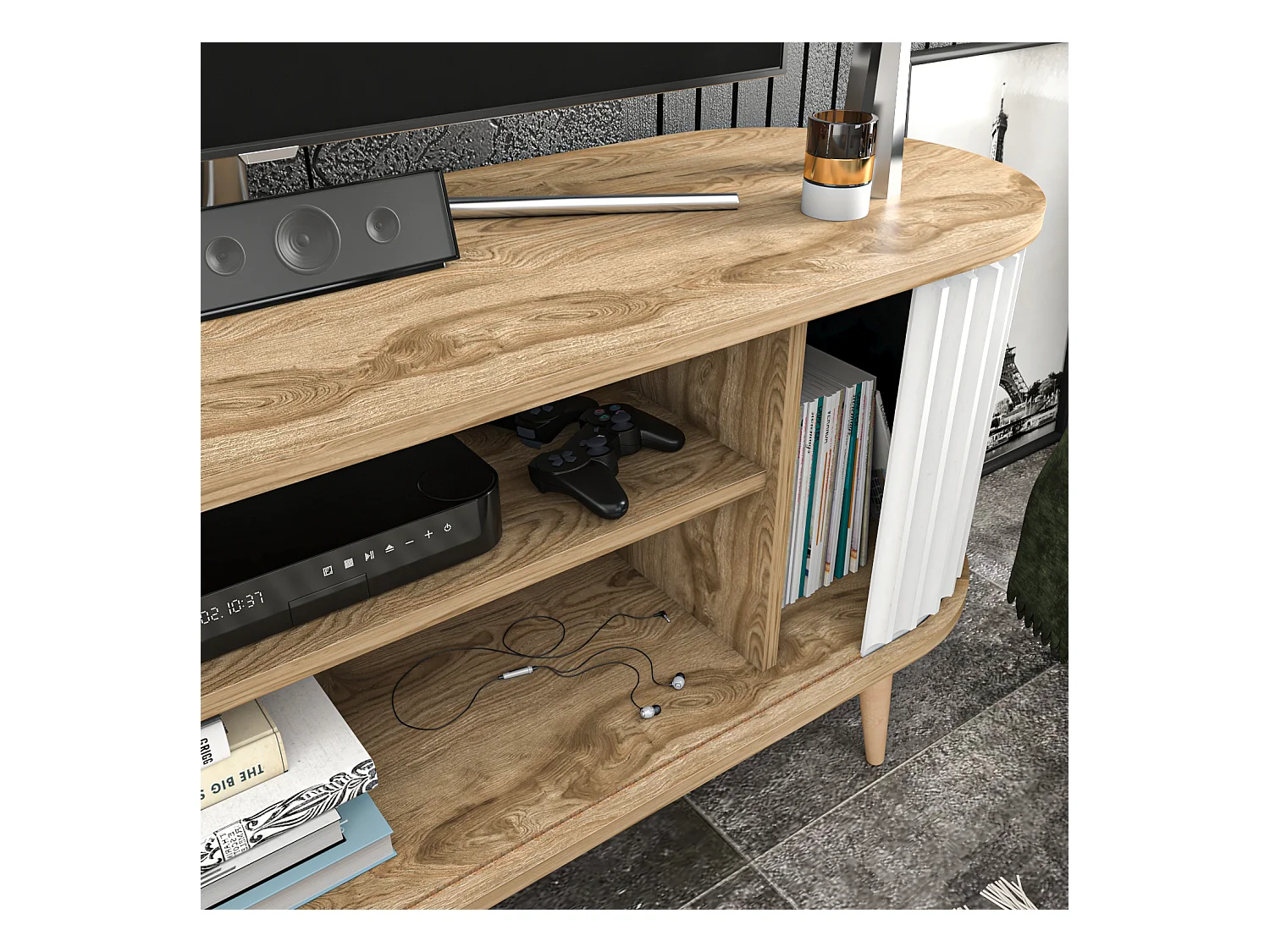 Stor Meuble TV 140 cm Portes Coulissantes MDF (Oud et Blanc)