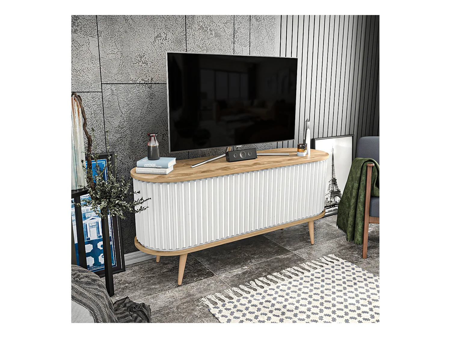 Stor Meuble TV 140 cm Portes Coulissantes MDF (Oud et Blanc)