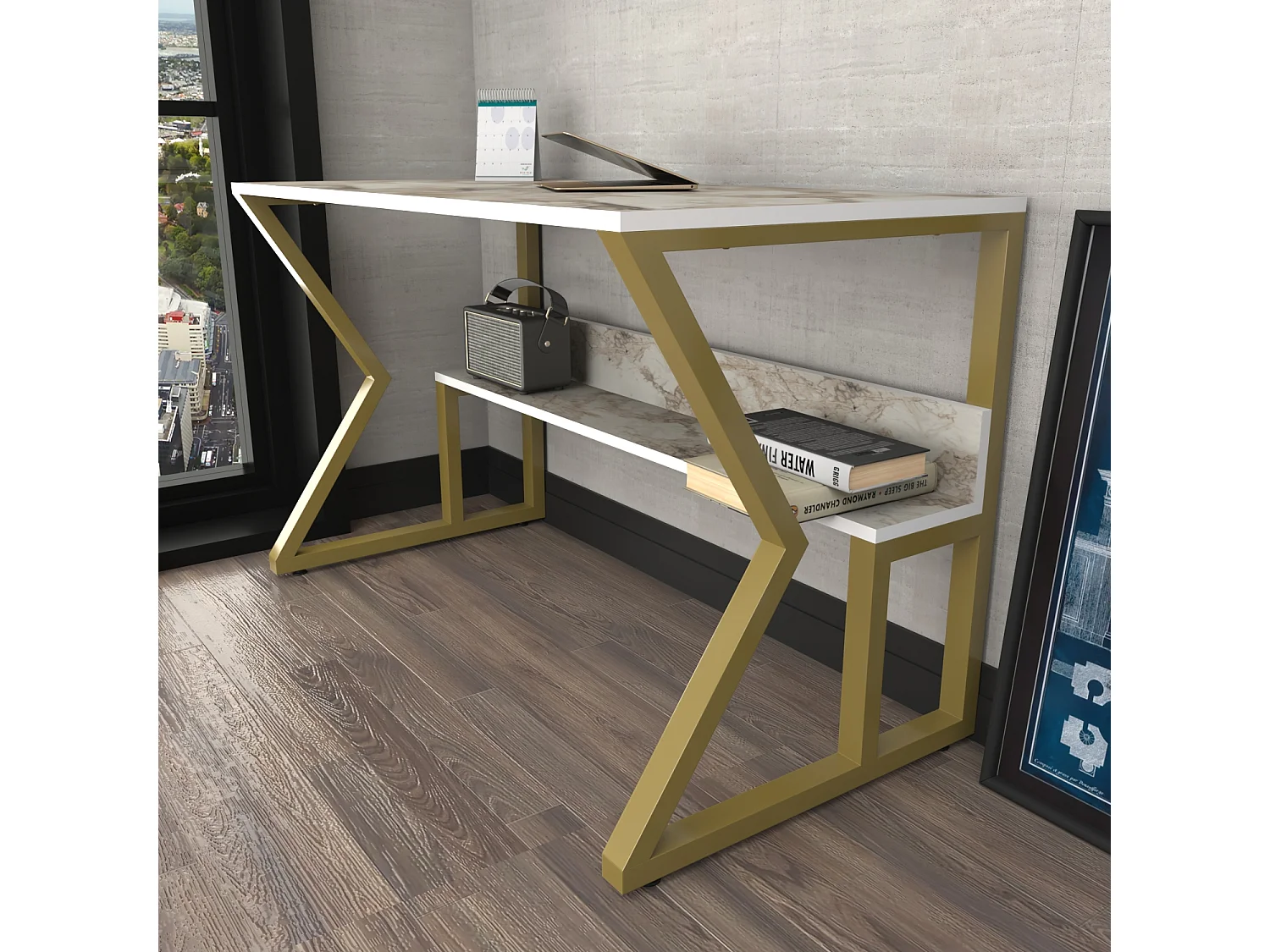 Bureau Avec Le Cadre En Métal Et Étagère Secrète (Doré et Effet marbre blanc)