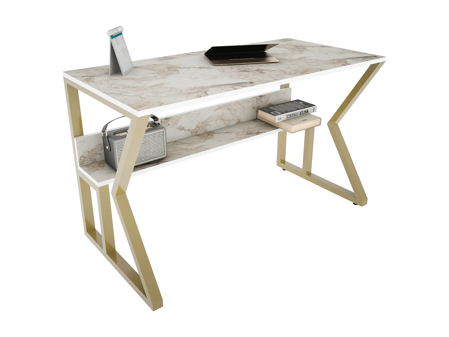 Bureau Avec Le Cadre En Métal Et Étagère Secrète (Doré et Effet marbre blanc)