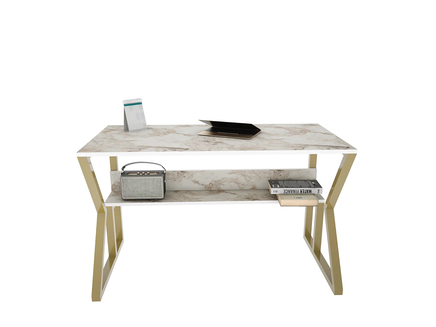 Bureau Avec Le Cadre En Métal Et Étagère Secrète (Doré et Effet marbre blanc)