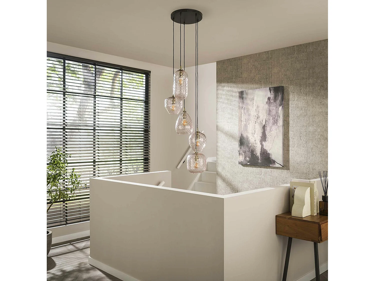 Suspension en verre motif damier 5 abat-jour NOVA