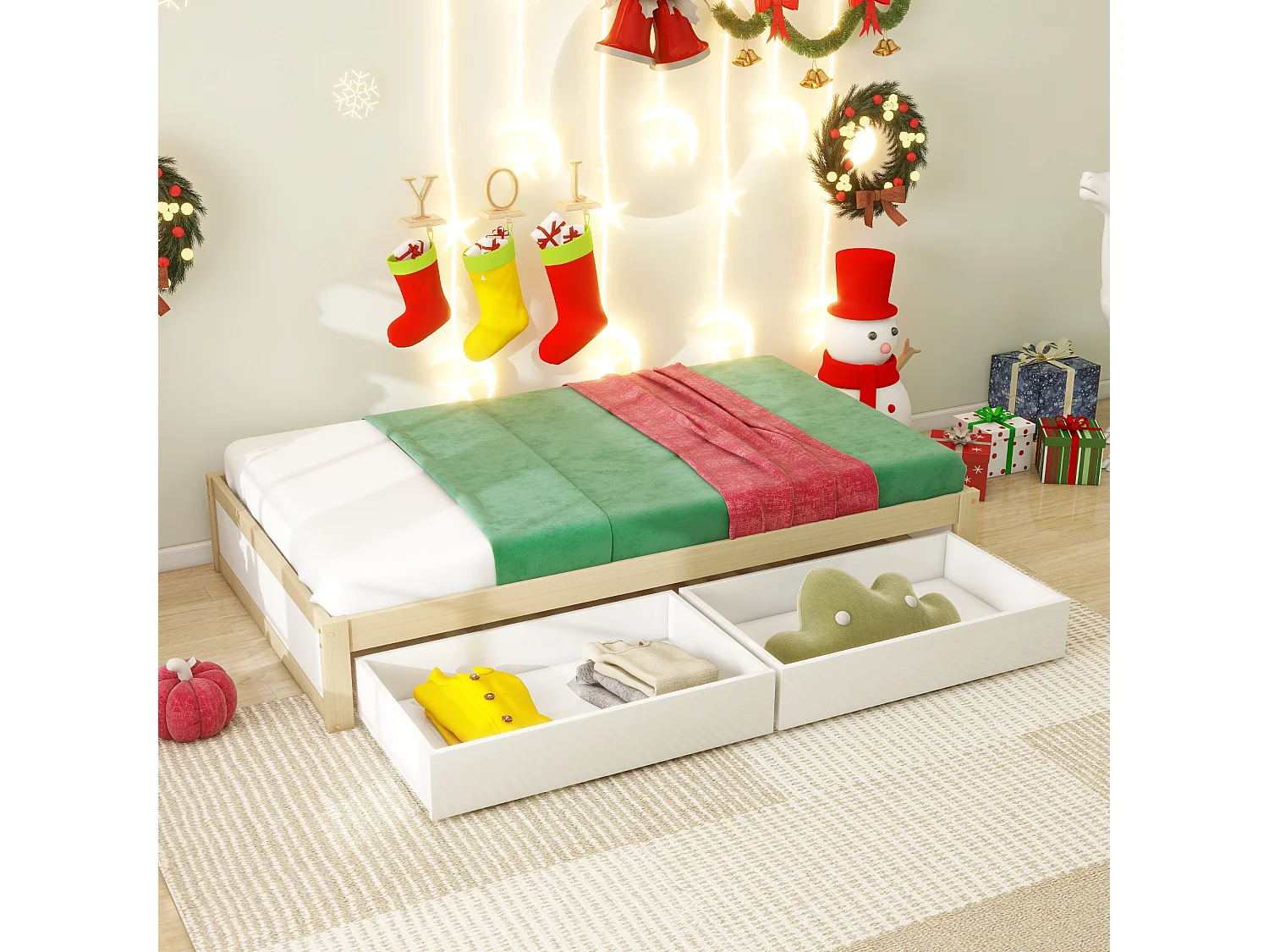 Kinderbed 90 x 200 cm met 2 lades en lattenbodem - massief hout - wit en naturel