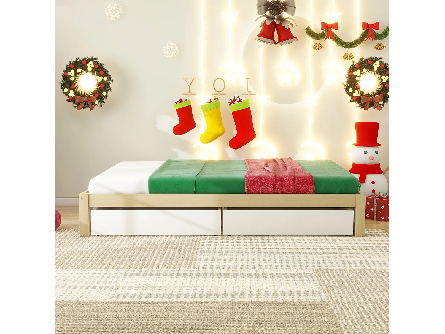 Kinderbed 90 x 200 cm met 2 lades en lattenbodem - massief hout - wit en naturel