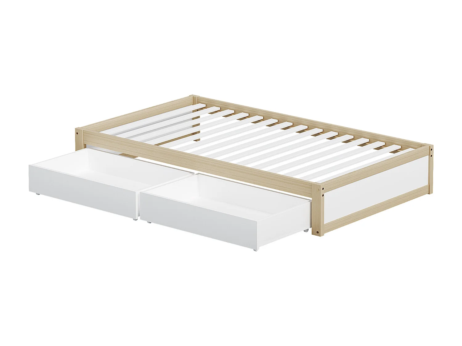 Kinderbed 90 x 200 cm met 2 lades en lattenbodem - massief hout - wit en naturel