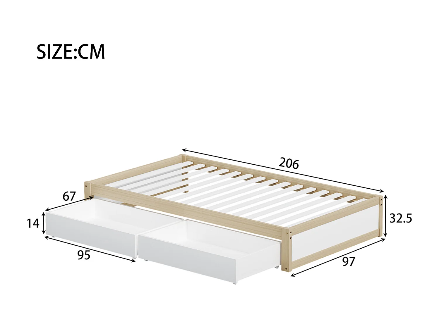Kinderbed 90 x 200 cm met 2 lades en lattenbodem - massief hout - wit en naturel
