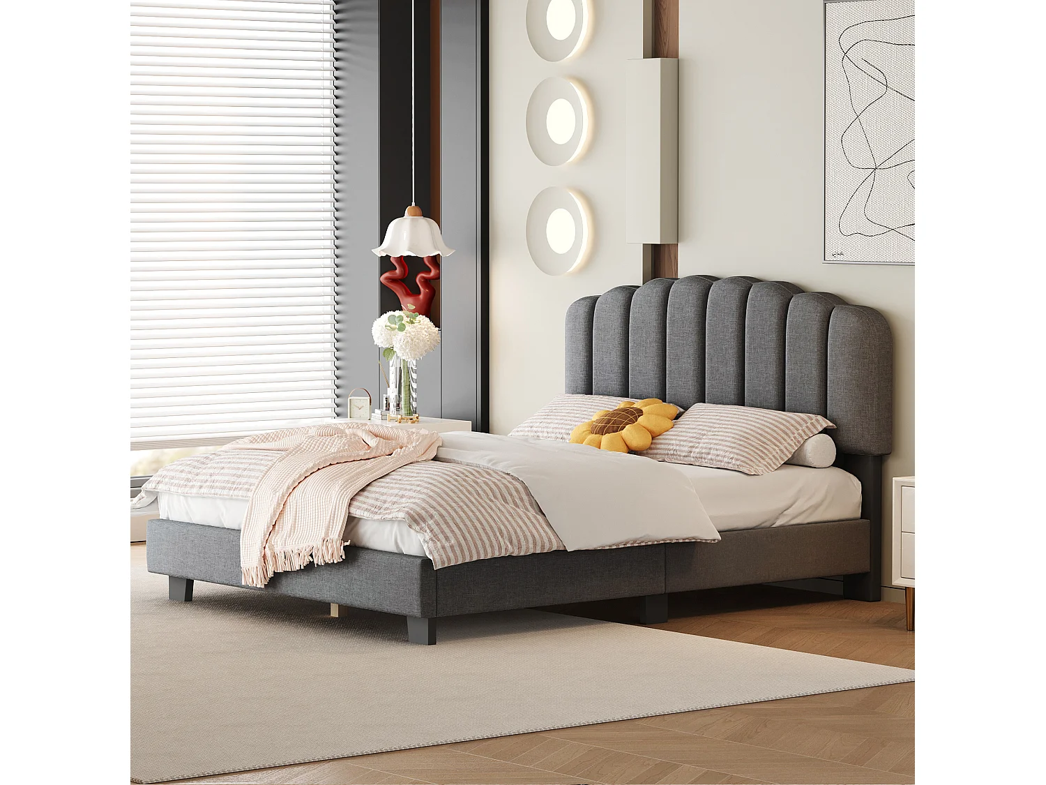 Lit capitonné 140 x 200 cm avec tête de lit réglable - Tissu en lin - Design coutures verticales - Gris (sans matelas)