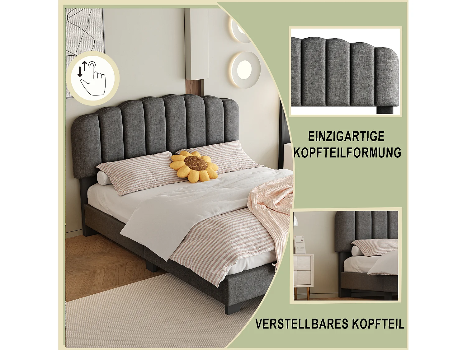 Lit capitonné 140 x 200 cm avec tête de lit réglable - Tissu en lin - Design coutures verticales - Gris (sans matelas)