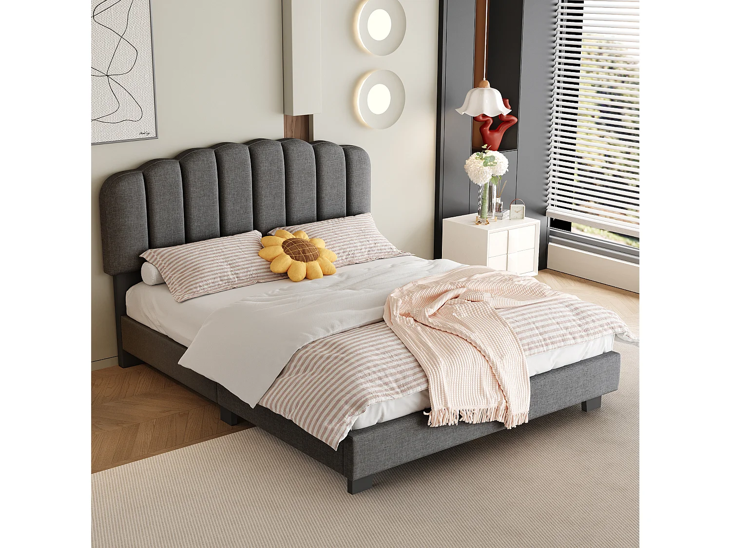 Lit capitonné 140 x 200 cm avec tête de lit réglable - Tissu en lin - Design coutures verticales - Gris (sans matelas)