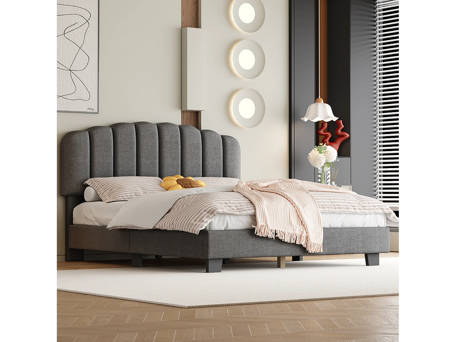 Lit capitonné 140 x 200 cm avec tête de lit réglable - Tissu en lin - Design coutures verticales - Gris (sans matelas)