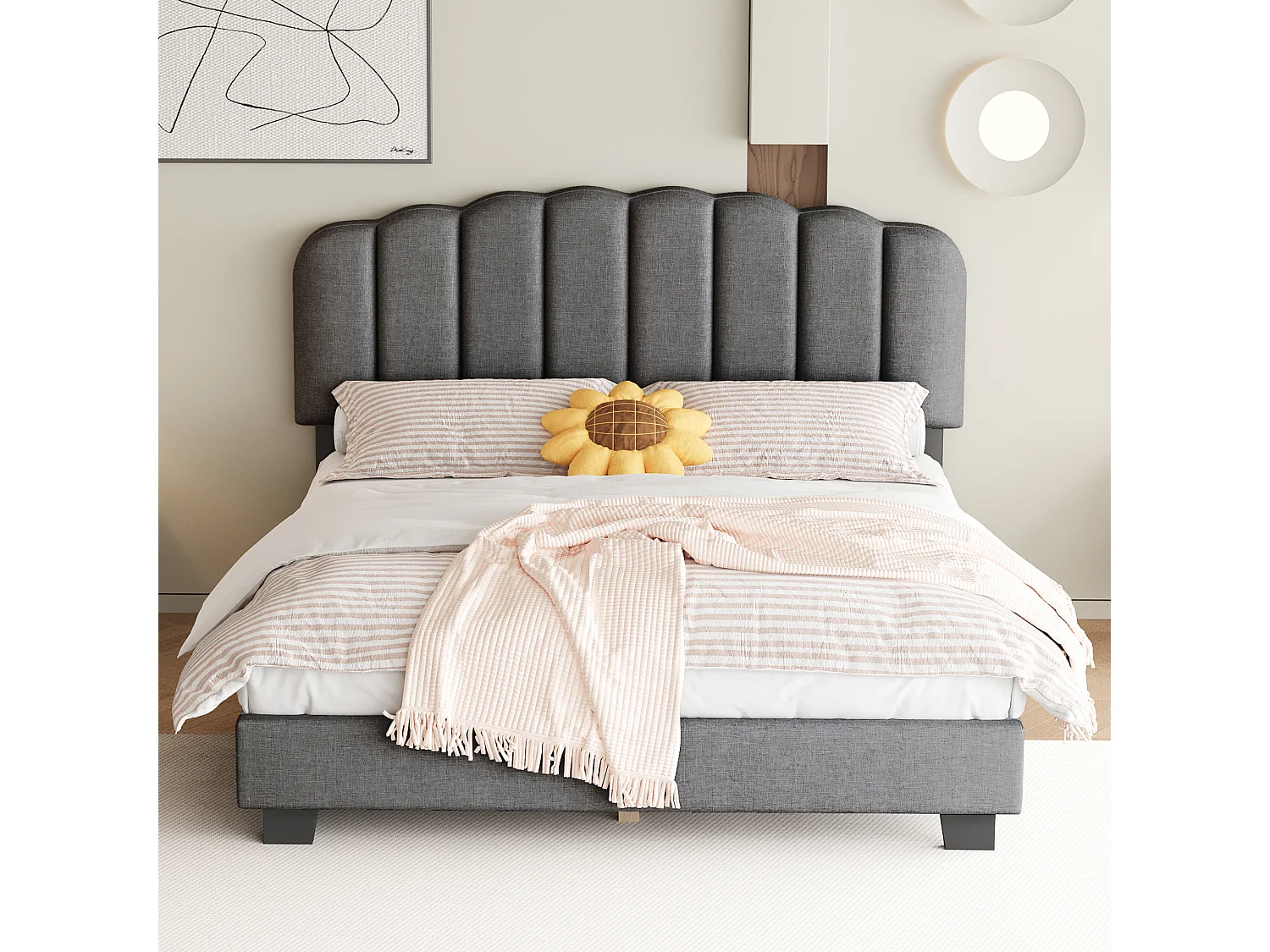 Lit capitonné 140 x 200 cm avec tête de lit réglable - Tissu en lin - Design coutures verticales - Gris (sans matelas)