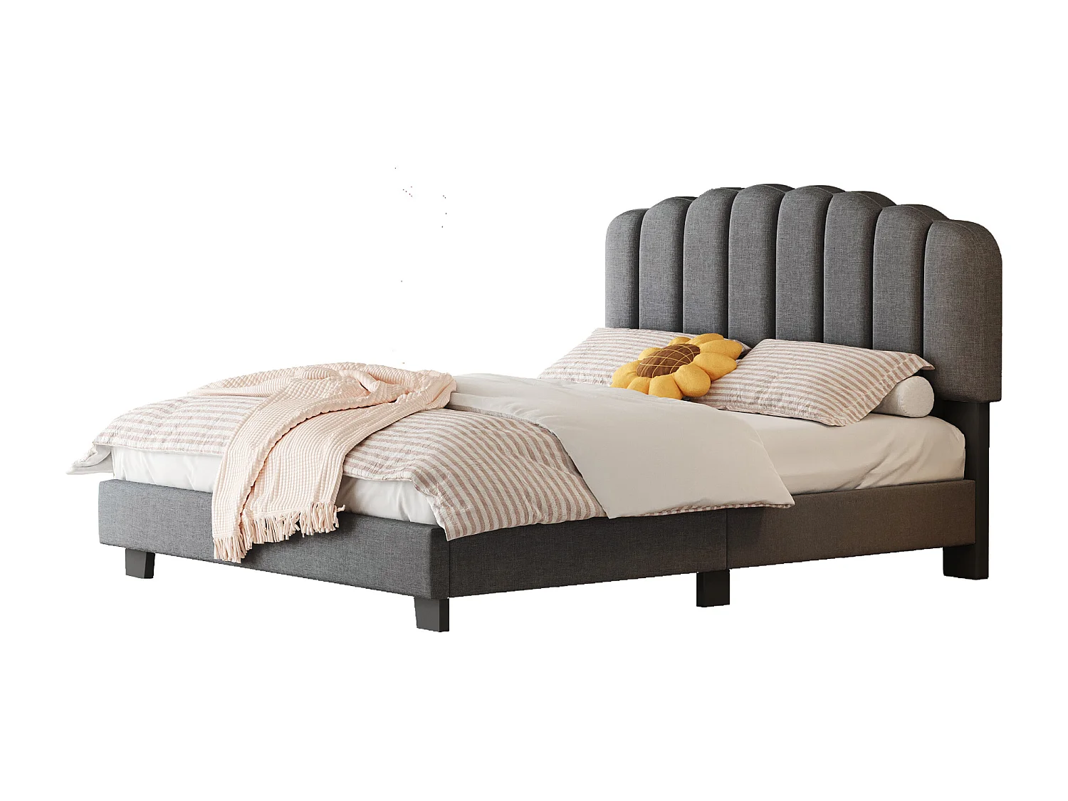 Lit capitonné 140 x 200 cm avec tête de lit réglable - Tissu en lin - Design coutures verticales - Gris (sans matelas)