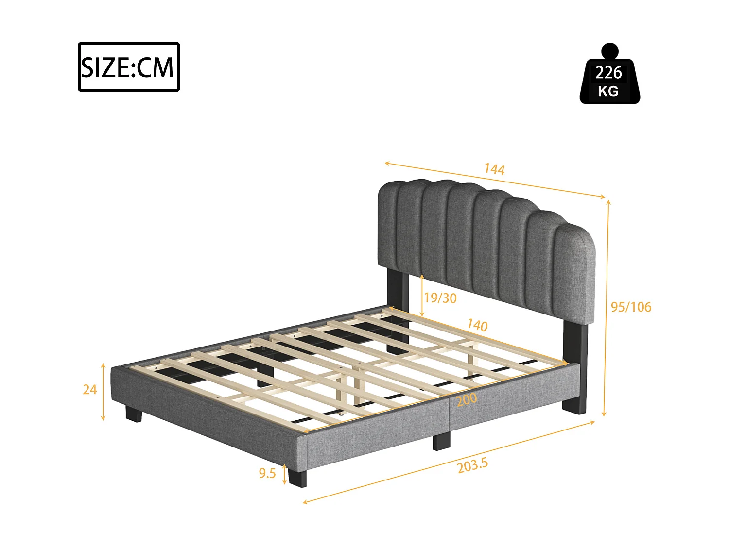 Lit capitonné 140 x 200 cm avec tête de lit réglable - Tissu en lin - Design coutures verticales - Gris (sans matelas)