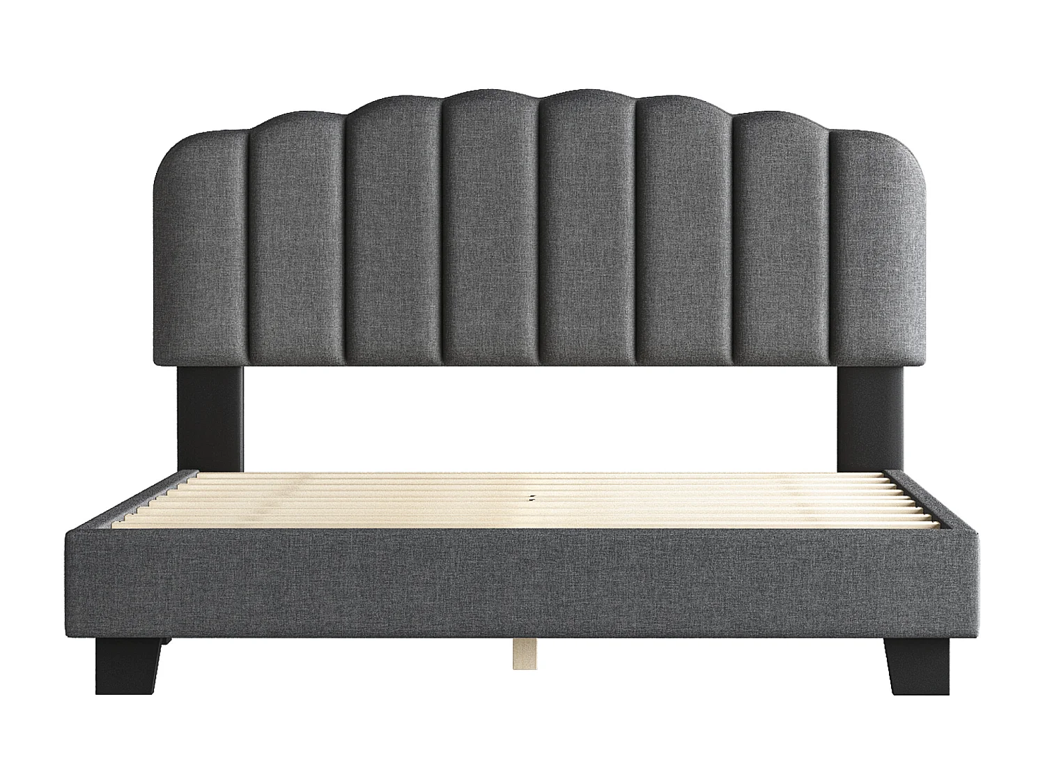 Lit capitonné 140 x 200 cm avec tête de lit réglable - Tissu en lin - Design coutures verticales - Gris (sans matelas)