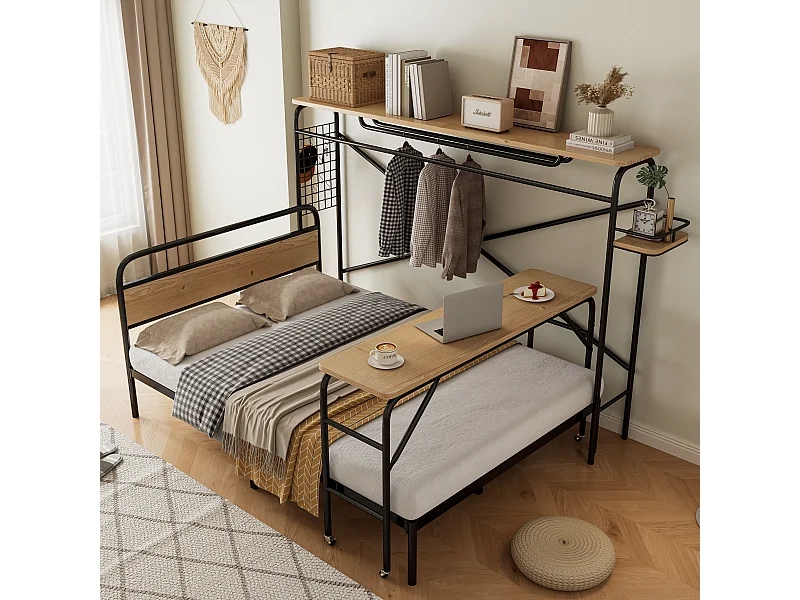 Letto matrimoniale 140 x 200 cm con tavolo su rotelle + appendiabiti verticale - metallo + MDF - nero + naturale