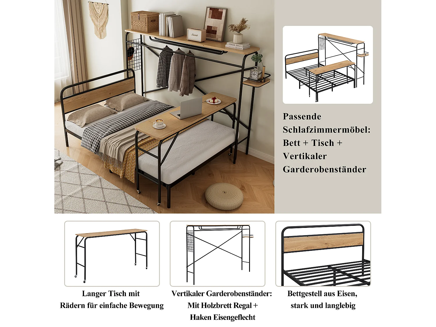 Letto matrimoniale 140 x 200 cm con tavolo su rotelle + appendiabiti verticale - metallo + MDF - nero + naturale