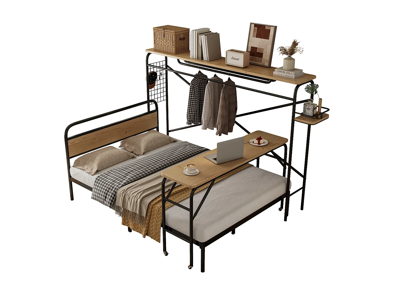 Letto matrimoniale 140 x 200 cm con tavolo su rotelle + appendiabiti verticale - metallo + MDF - nero + naturale