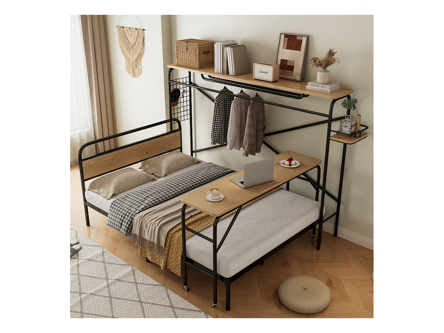 Doppelbett 140 x 200 cm mit Tisch auf Rollen + vertikaler Garderobenleiste – Metall + MDF – Schwarz + Natur