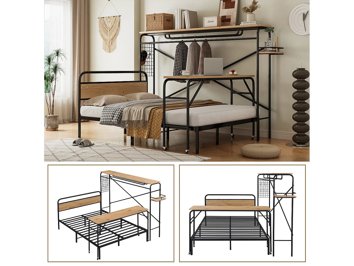 Tweepersoonsbed 140 x 200 cm met tafel op wielen + verticale kapstok - metaal + MDF - zwart + naturel
