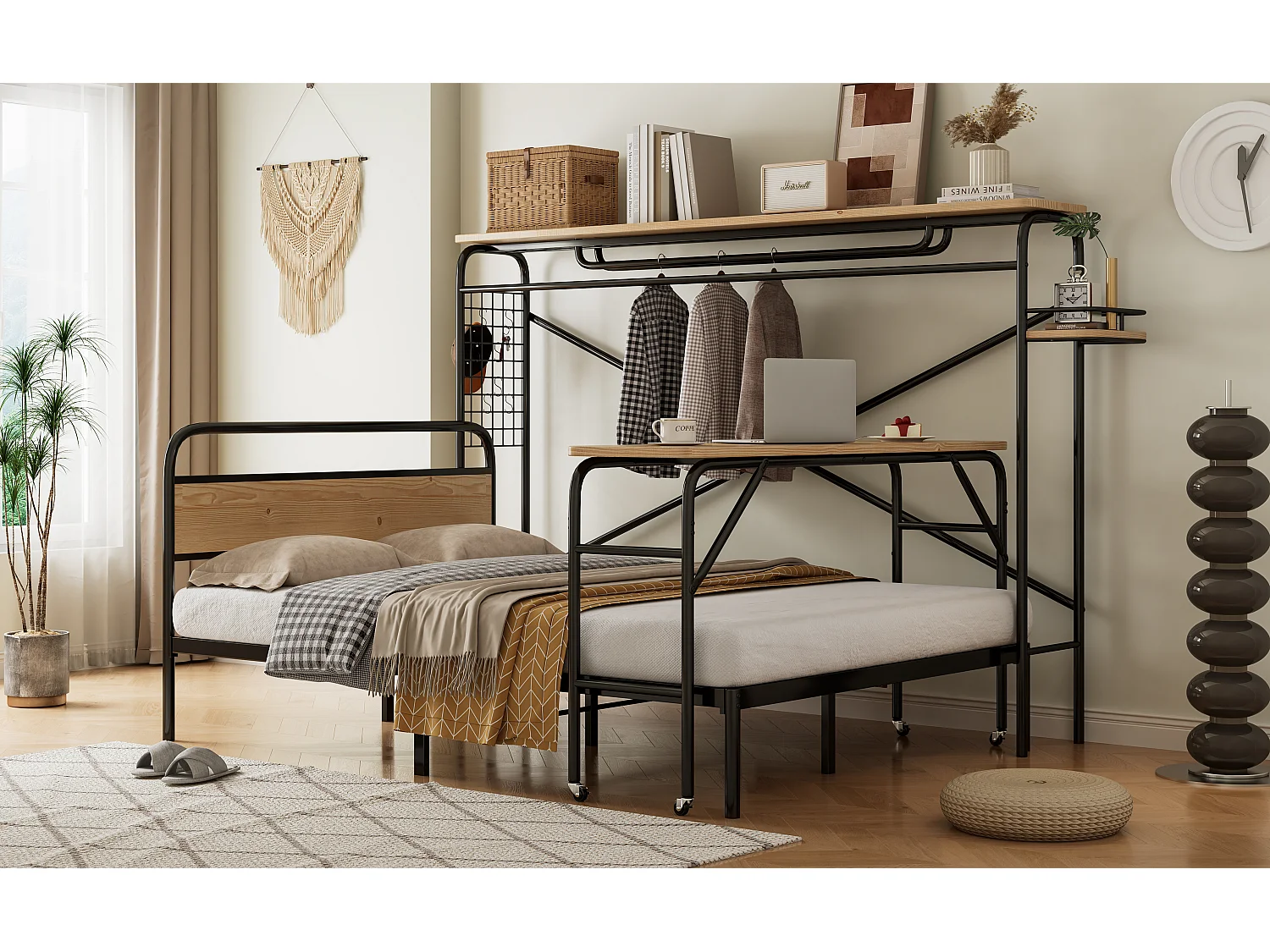 Tweepersoonsbed 140 x 200 cm met tafel op wielen + verticale kapstok - metaal + MDF - zwart + naturel