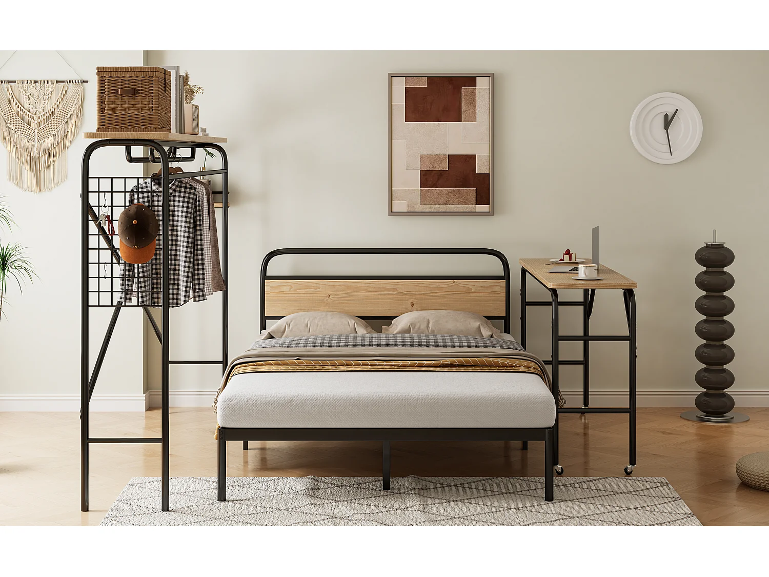 Tweepersoonsbed 140 x 200 cm met tafel op wielen + verticale kapstok - metaal + MDF - zwart + naturel