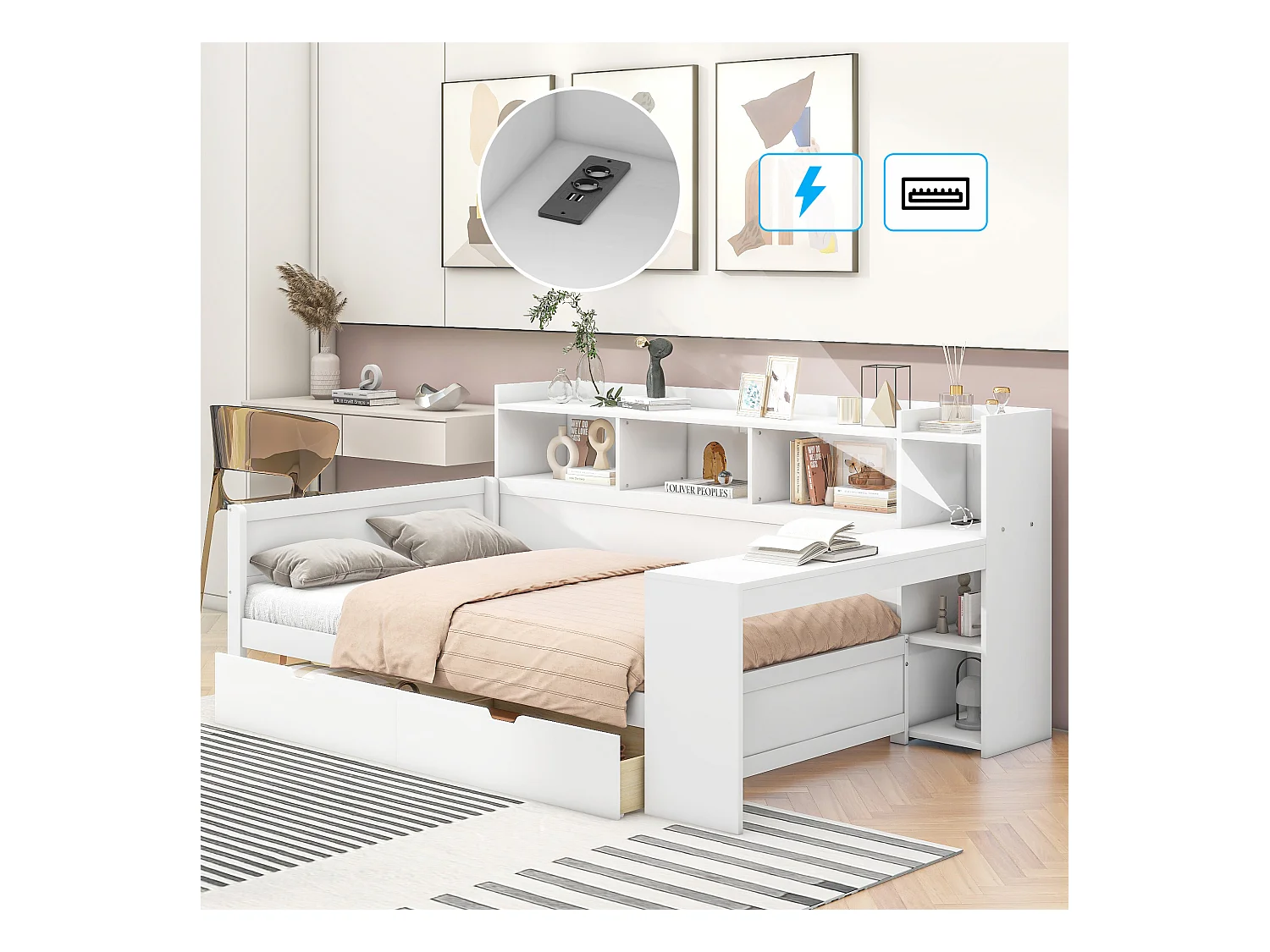 Lit 90 x 200 cm avec tête de lit - Bureau, Prises USB et 2 tiroirs - Bois MDF - Sommier à lattes - Blanc (sans matelas)