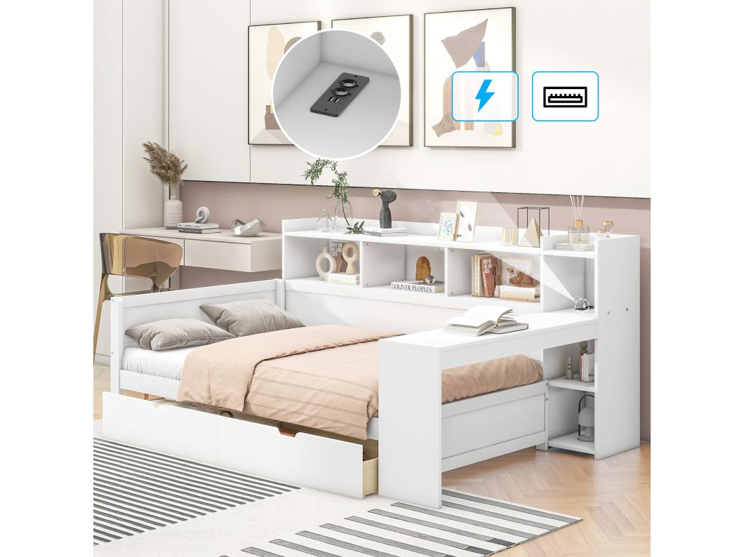 Letto 90 x 200 cm con testiera - Scrivania, prese USB e 2 cassetti - Rete a doghe - Bianco (senza materasso)