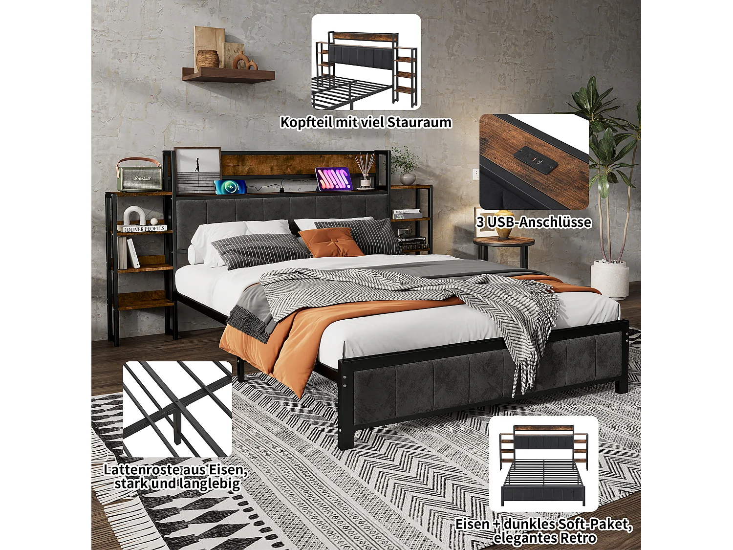 Letto 140 x 200 cm con testiera imbottita e ripiani - 3 porte USB - Metallo + MDF + velluto - Nero + noce