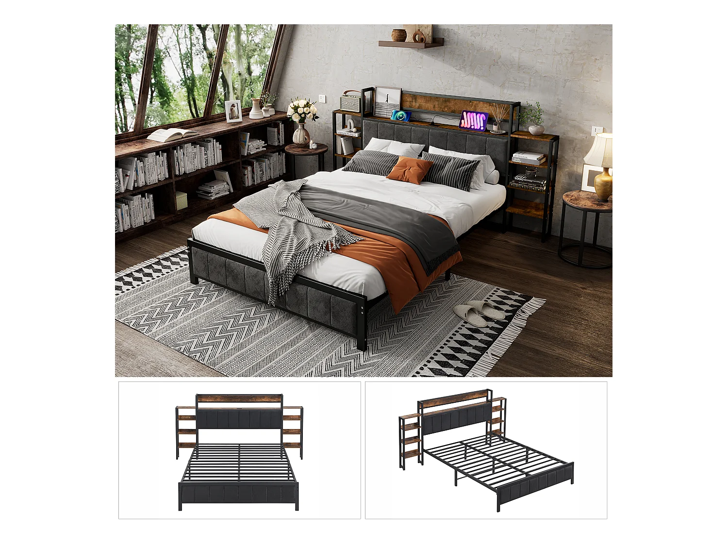 Letto 140 x 200 cm con testiera imbottita e ripiani - 3 porte USB - Metallo + MDF + velluto - Nero + noce