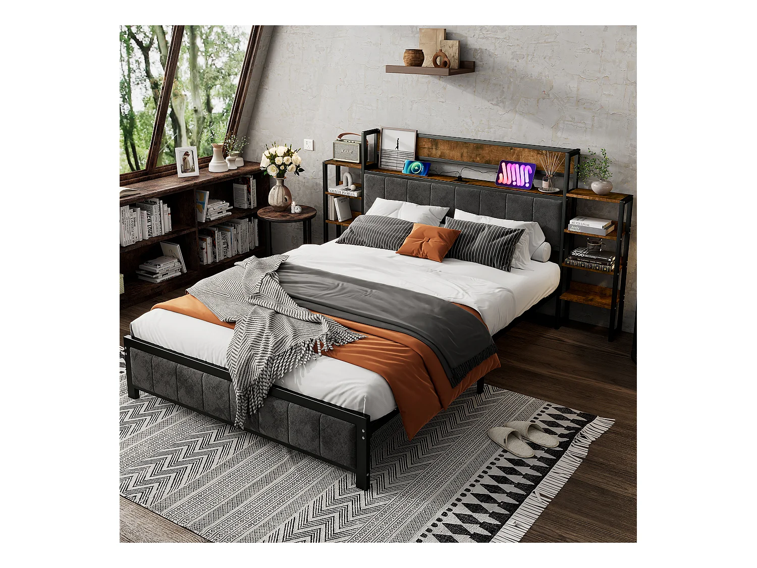 Lit 140 x 200 cm avec tête de lit rembourré et étagères - 3 ports USB - Métal + MDF + velours - Noir + noyer