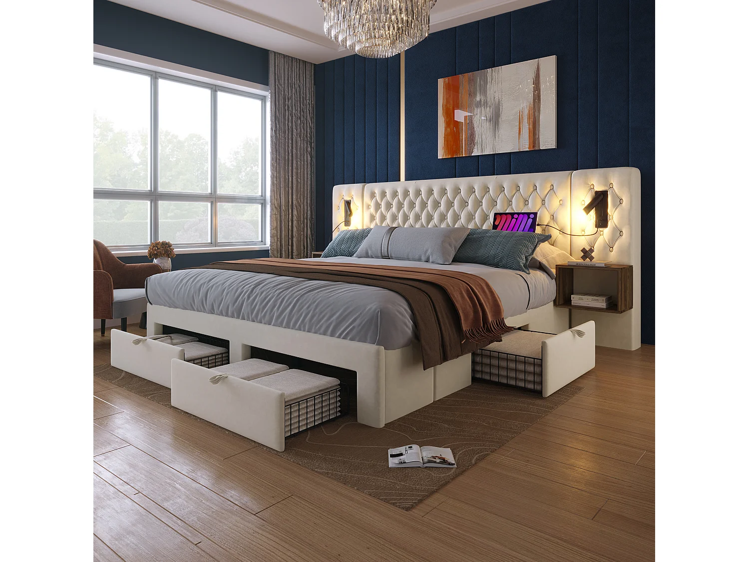 Polsterbett 180 x 200 cm mit Kopfteil und 2 Nachttischen – Leselampe und 4 Schubladen – Samt – Beige (ohne Matratze)