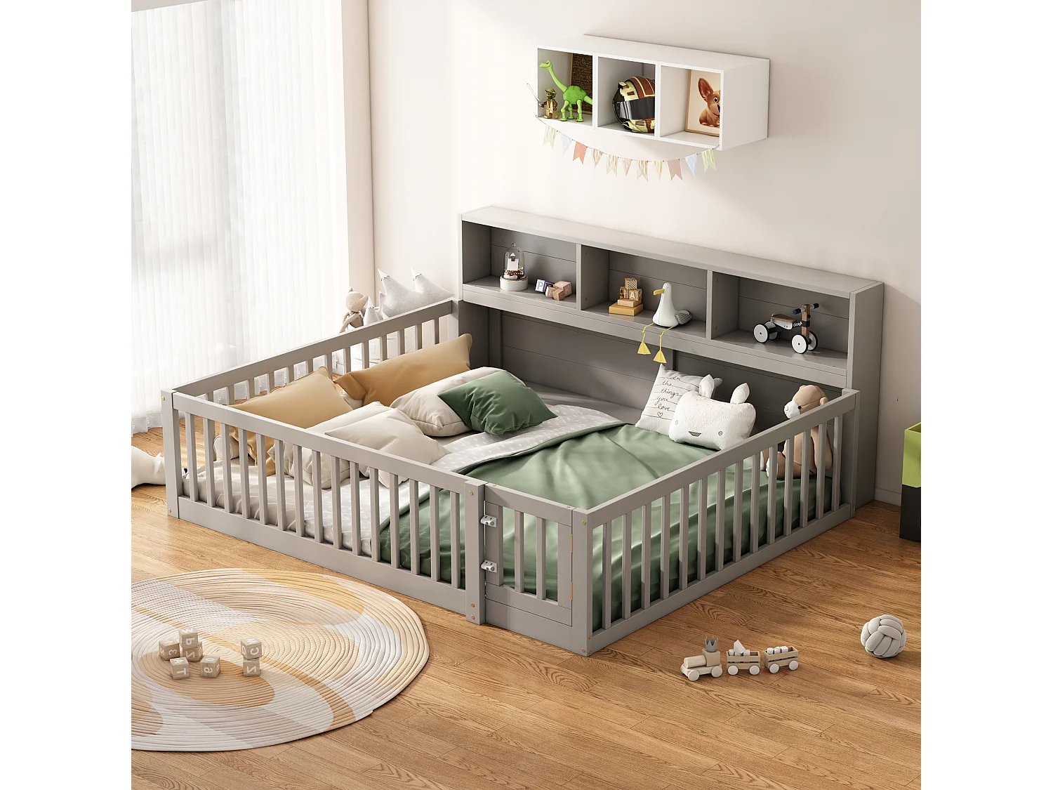 140 x 200 cm bed met rails en opbergkasten - Grenenhout + MDF - Lattenbodem - Grijs (zonder matras)