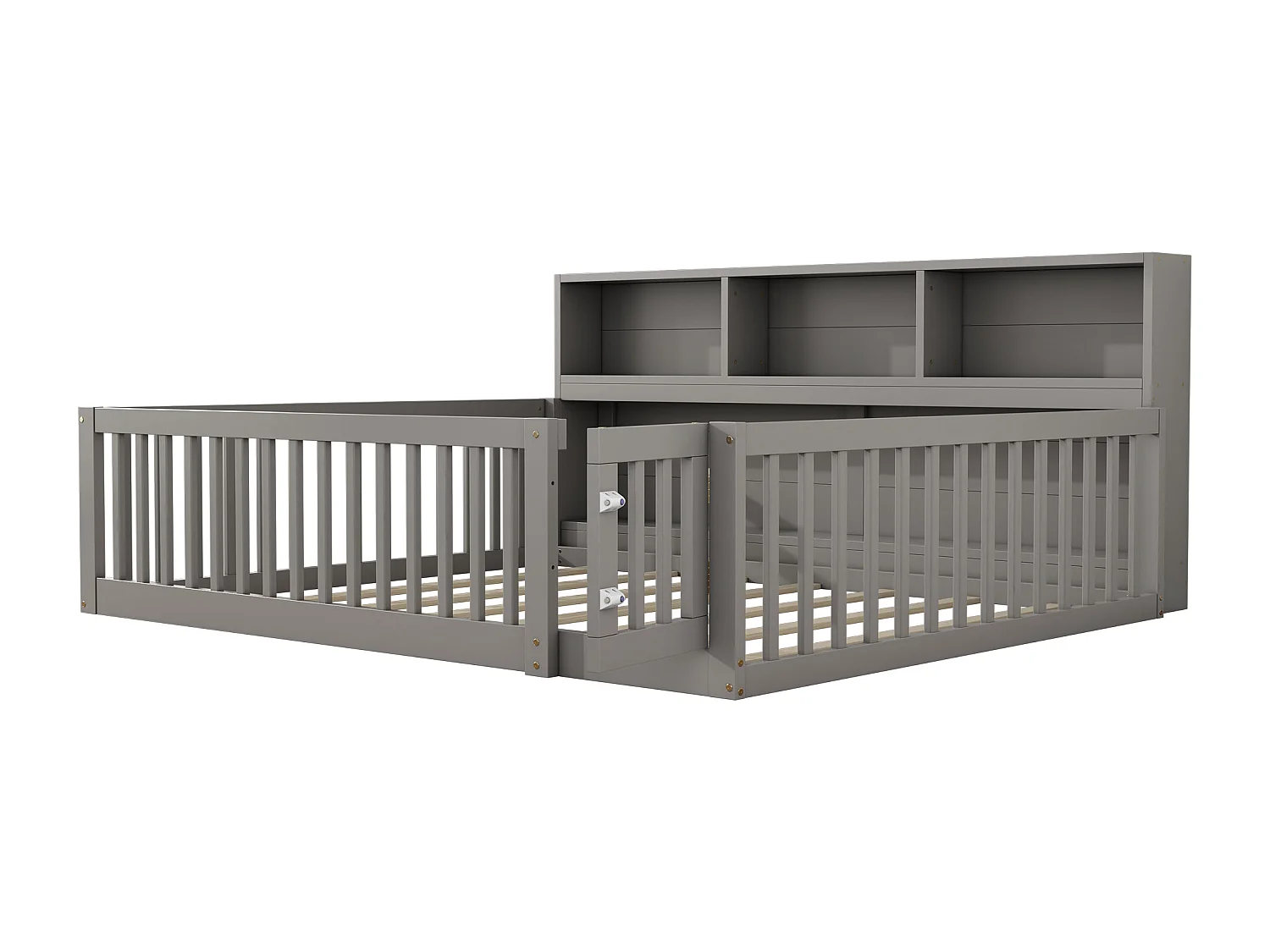 140 x 200 cm bed met rails en opbergkasten - Grenenhout + MDF - Lattenbodem - Grijs (zonder matras)