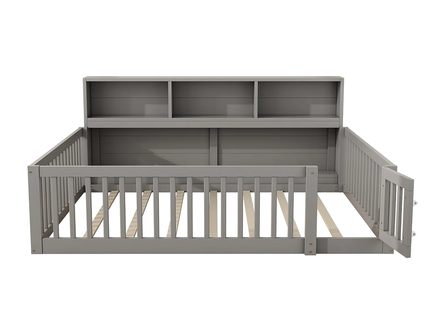 140 x 200 cm bed met rails en opbergkasten - Grenenhout + MDF - Lattenbodem - Grijs (zonder matras)