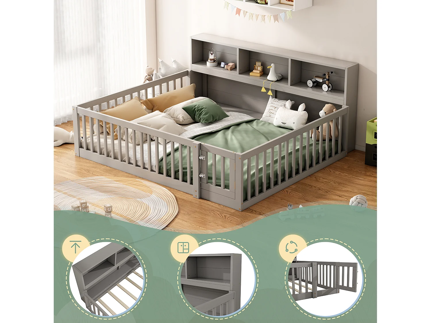 Lit 140 x 200 cm avec barrières et placards de rangement - Bois de pin + MDF - Sommier à lattes - Gris (sans matelas)