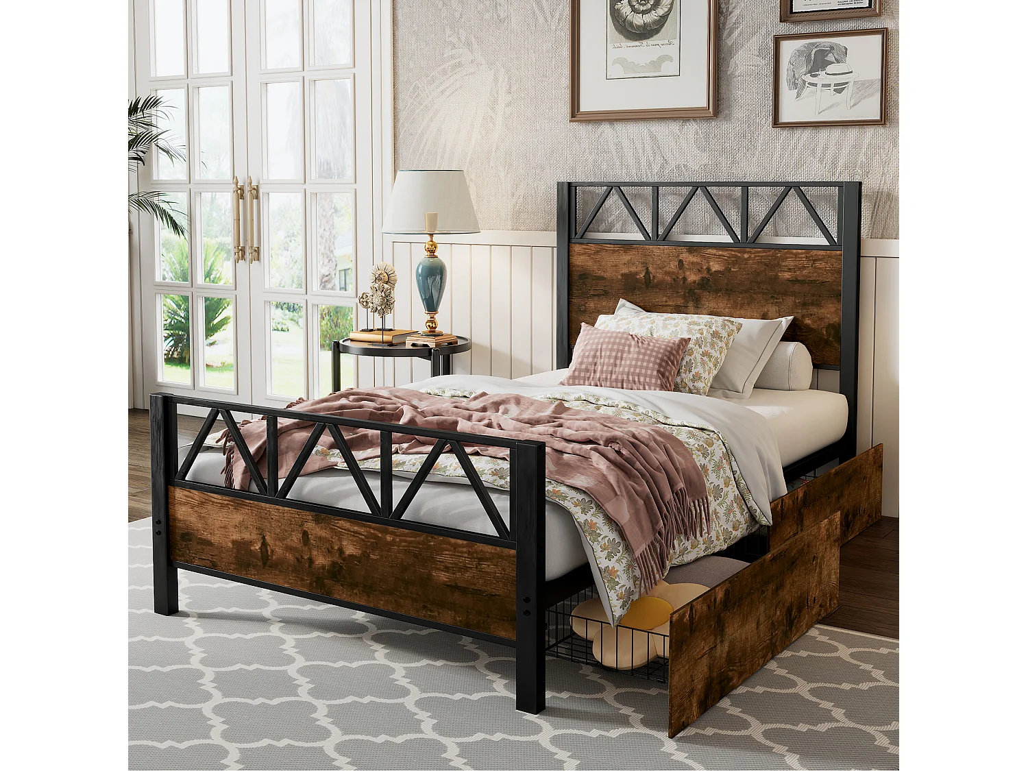 Cama 90 x 200 cm com cabeceira e 2 gavetas - Metal + MDF + veludo - Preto + nogueira