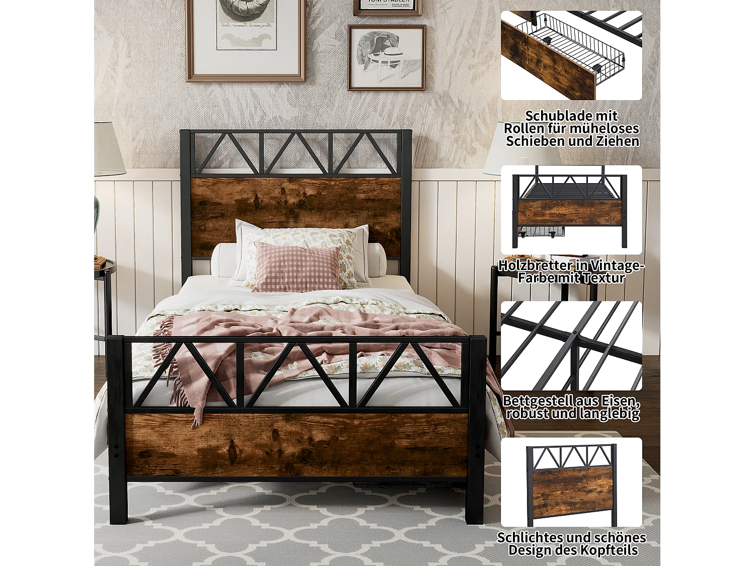 Cama 90 x 200 cm com cabeceira e 2 gavetas - Metal + MDF + veludo - Preto + nogueira