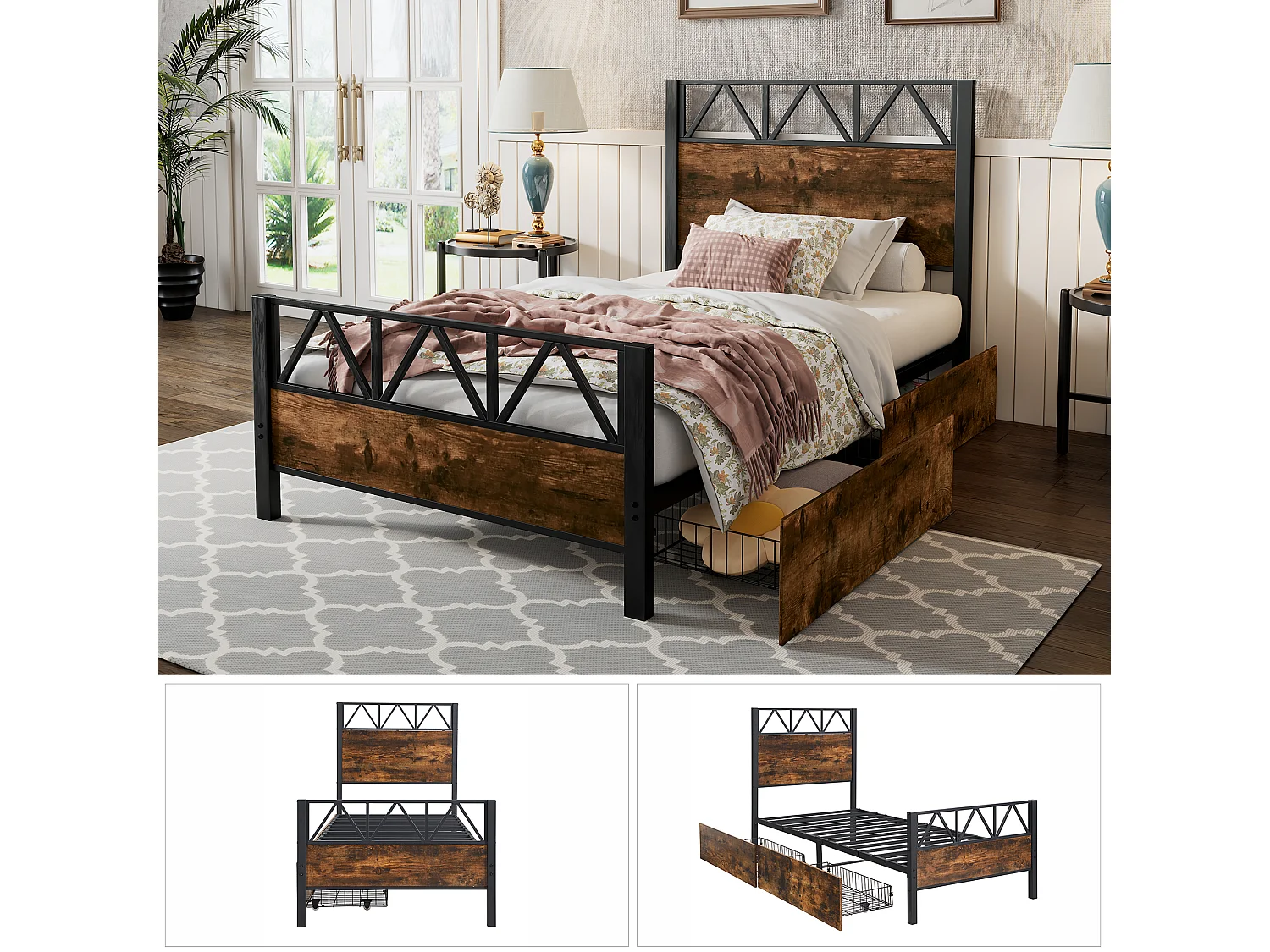 Cama 90 x 200 cm com cabeceira e 2 gavetas - Metal + MDF + veludo - Preto + nogueira