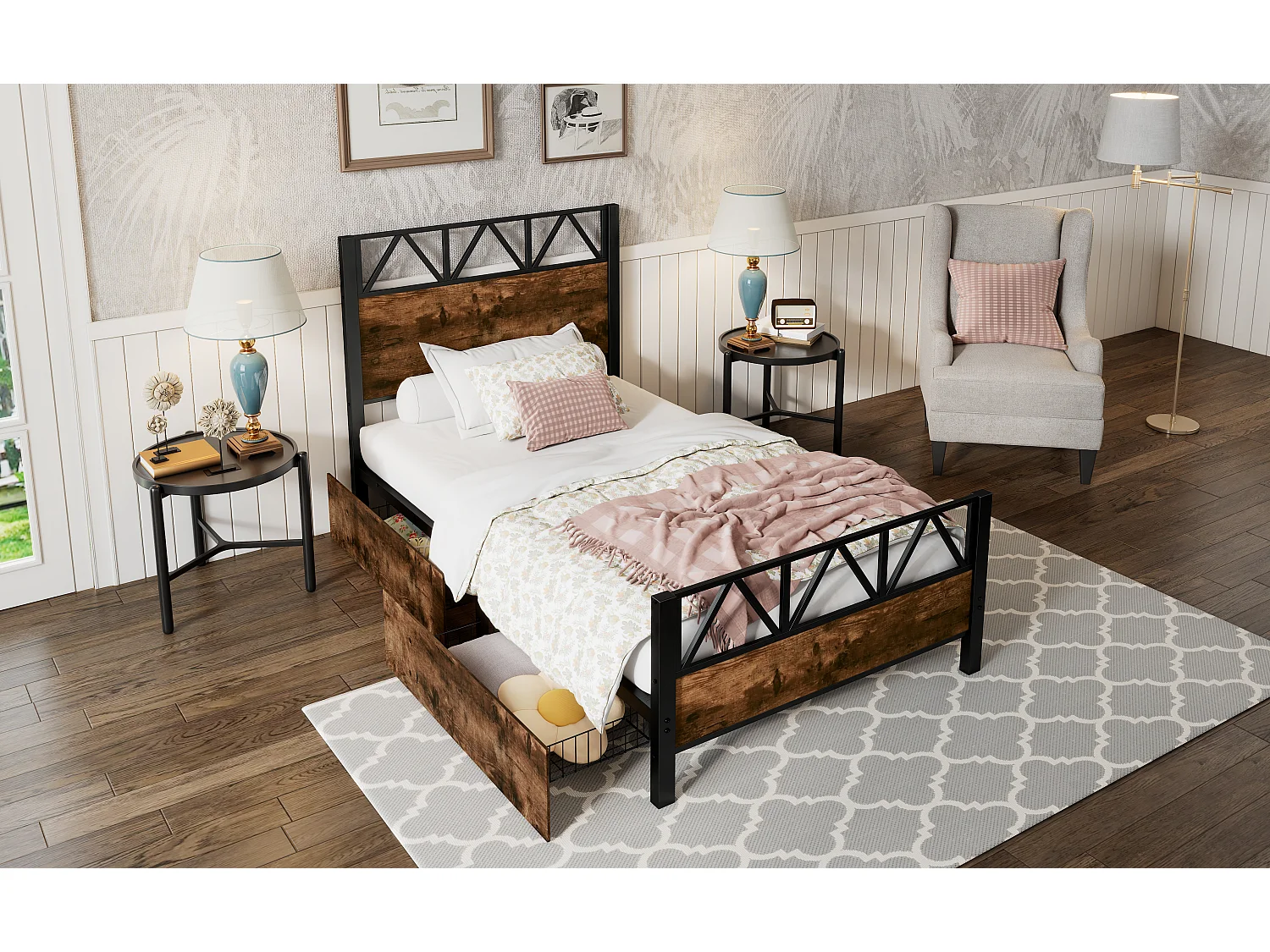 Cama 90 x 200 cm com cabeceira e 2 gavetas - Metal + MDF + veludo - Preto + nogueira