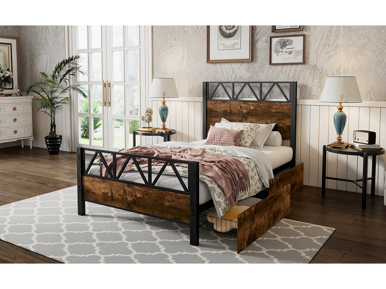 Cama 90 x 200 cm com cabeceira e 2 gavetas - Metal + MDF + veludo - Preto + nogueira