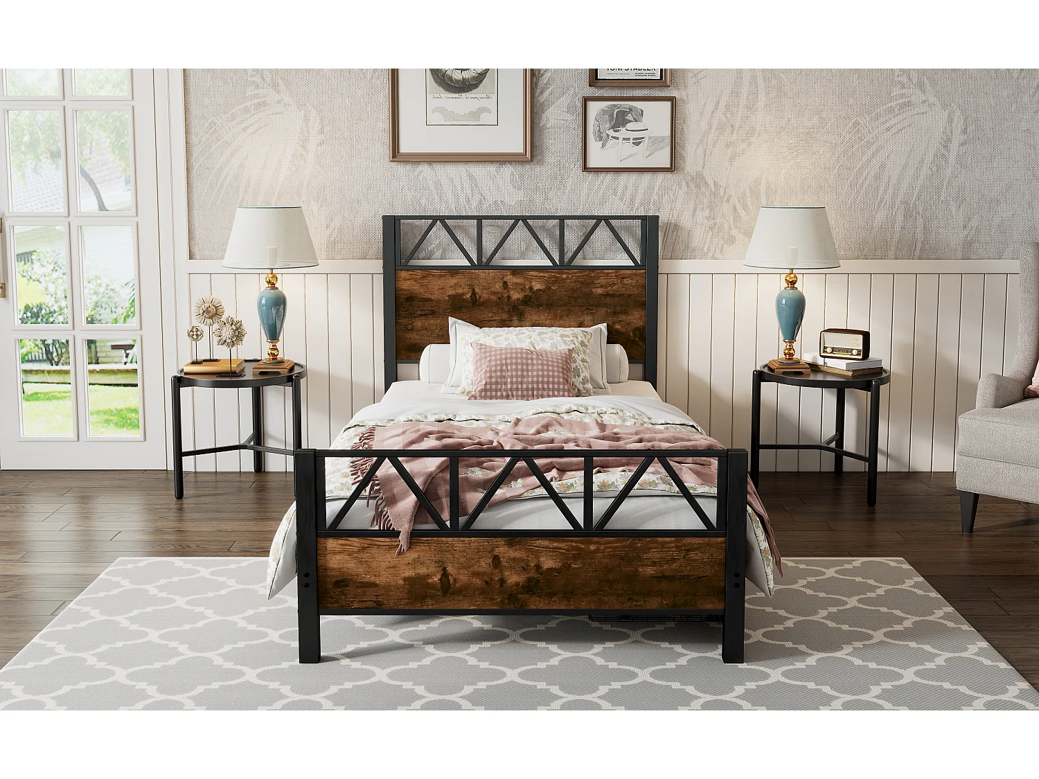 Cama 90 x 200 cm com cabeceira e 2 gavetas - Metal + MDF + veludo - Preto + nogueira