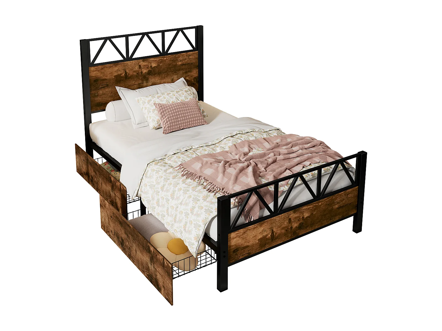 Cama 90 x 200 cm com cabeceira e 2 gavetas - Metal + MDF + veludo - Preto + nogueira