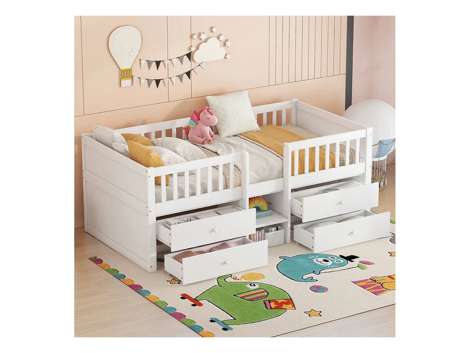 Lit enfant 90 x 200 cm avec 4 tiroirs - Bois de pin + MDF - Sommier à lattes - Blanc (sans matelas)