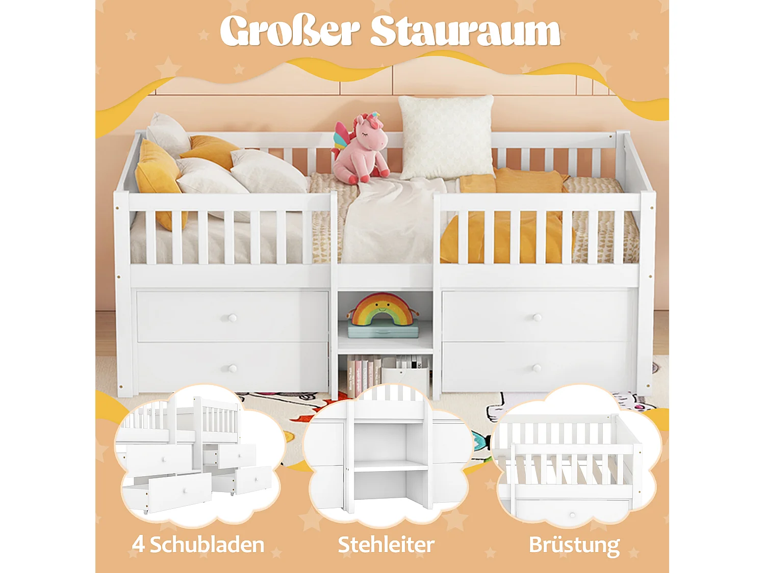 Lit enfant 90 x 200 cm avec 4 tiroirs - Bois de pin + MDF - Sommier à lattes - Blanc (sans matelas)