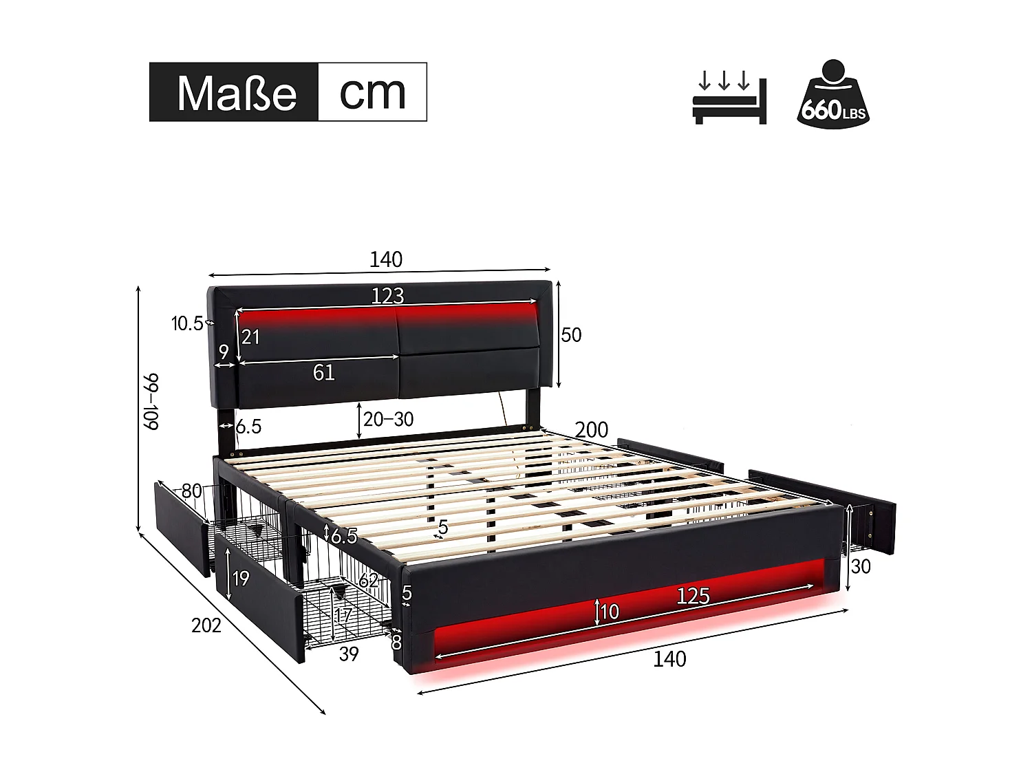 Polsterbett 140 x 200 cm mit 4 Schubladen und Kopfteil – USB-Anschluss + LEDs – PU-Leder – Schwarz (ohne Matratze)