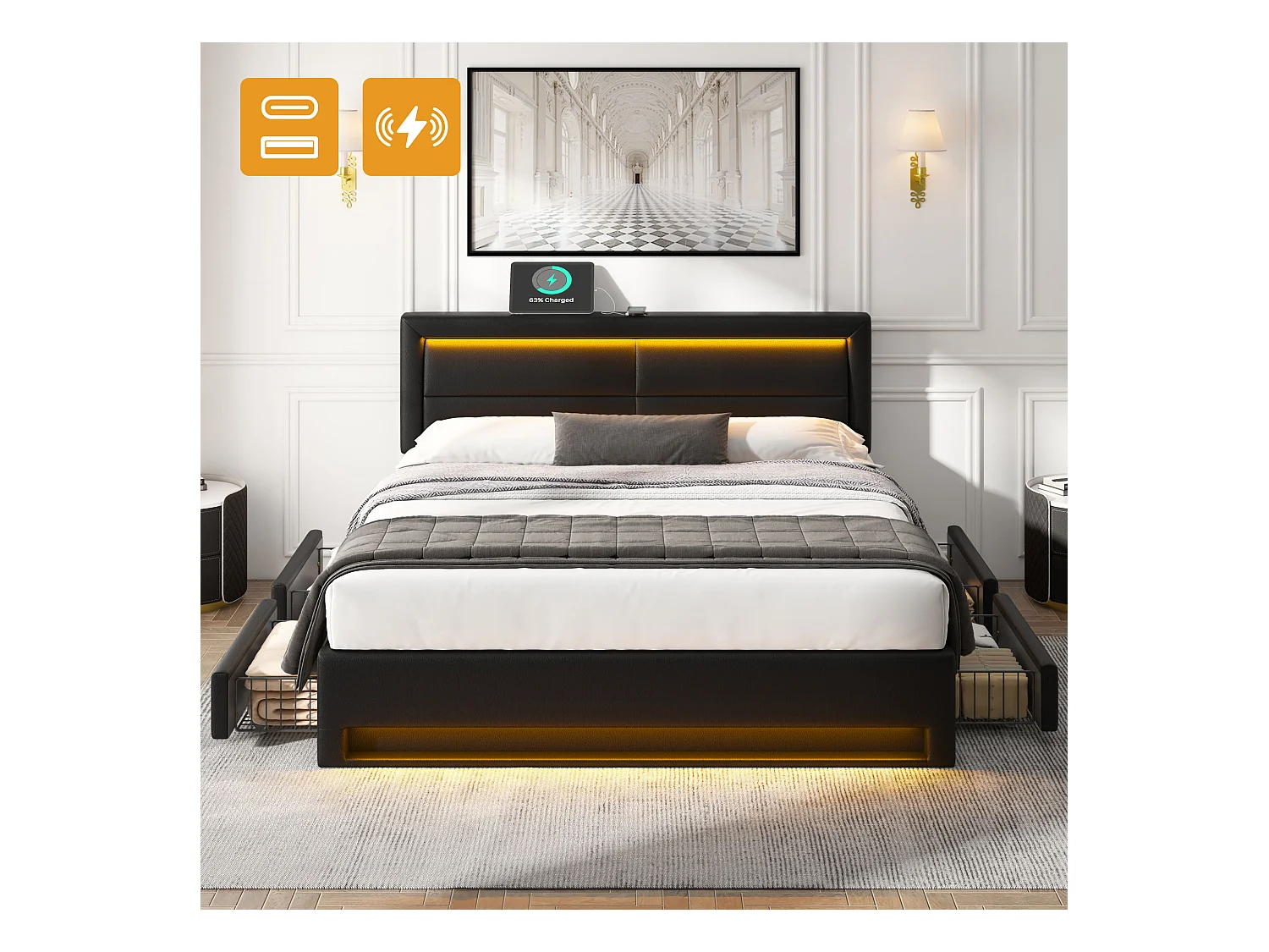 Gestoffeerd bed 140 x 200 cm met 4 lades en hoofdbord - USB poort + LED's - PU leer - Zwart (zonder matras)